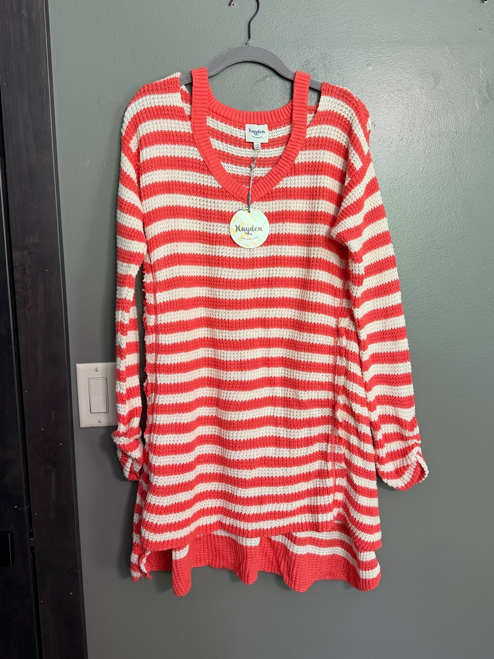 NWT Hayden Los Angeles Coral White Striped Cold Shoulder Sweater Dress M